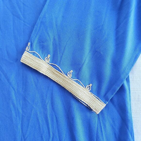 Boho Tunic Women L Blue Relaxed Top Lagenlook Peasant Hippie Coastal Embroidered - Picture 6 of 12